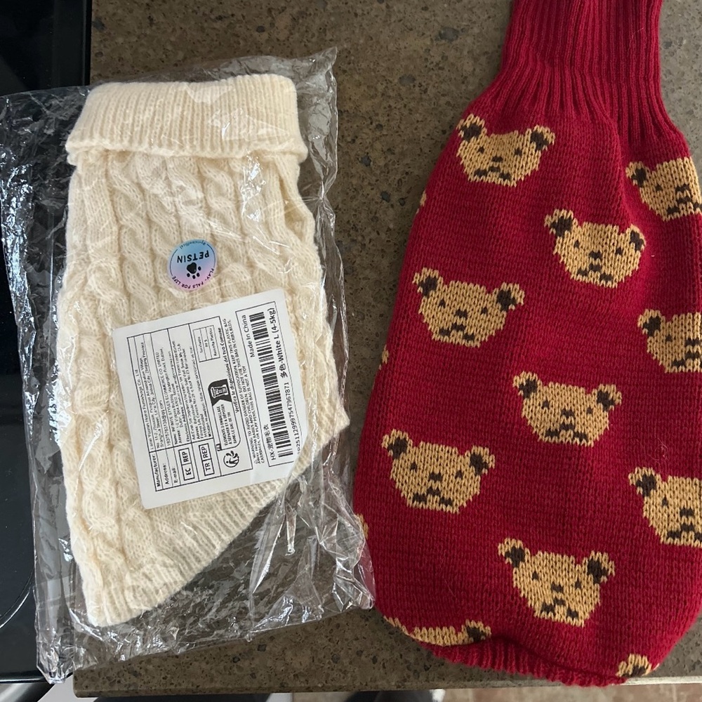 Red Pet Sweater with Bear Design and Cream Knit Sweater